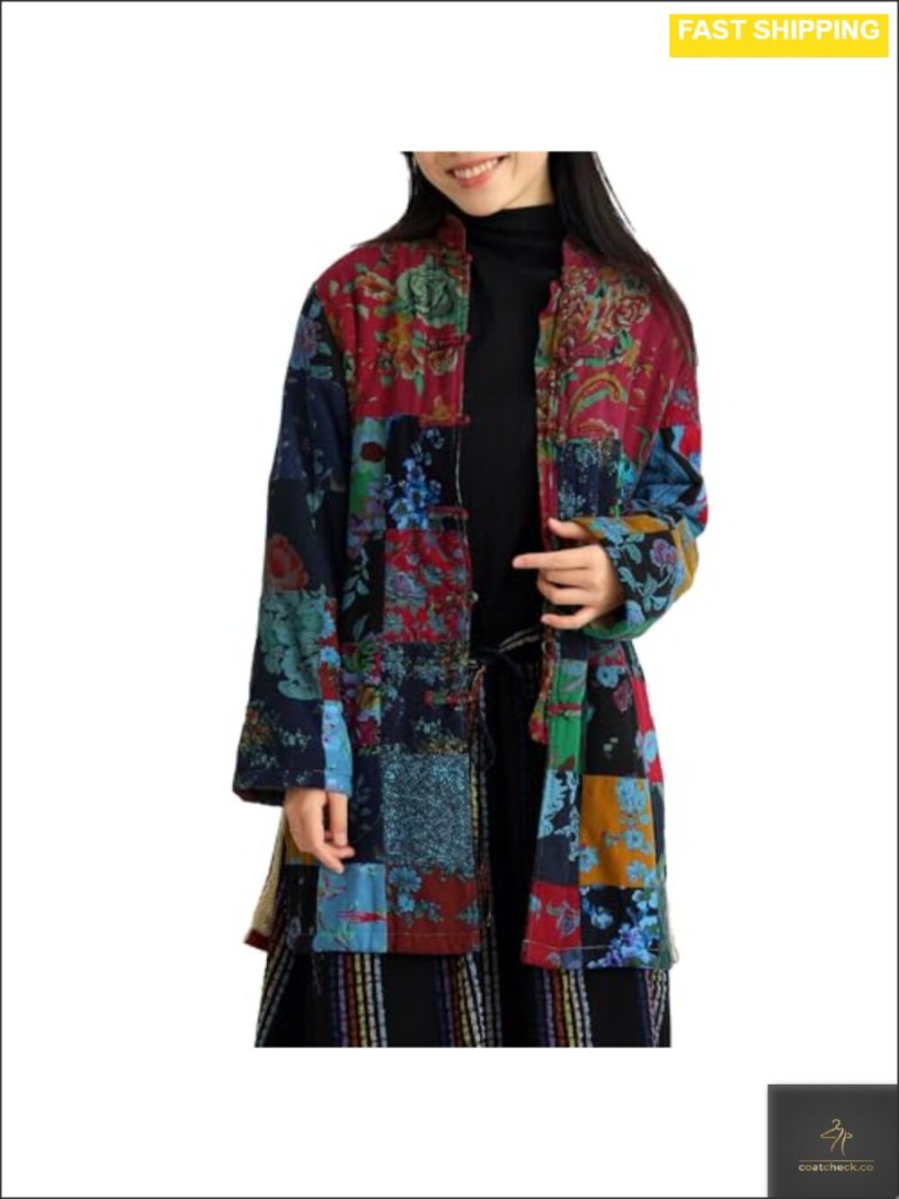 Fleece-Lined Floral Patchwork Plaid Winter Jacket Warm Coat